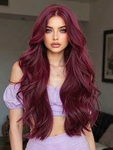 28 Inch Burgundy Long Curly Wig, Middle Part Synthetic Wig, Long Straight Synthetic Wig, Heat Resistant Fiber Full Machine Wefted Wig, Cosplay Party Wig, Fashionable Women - Burgundy - View 2