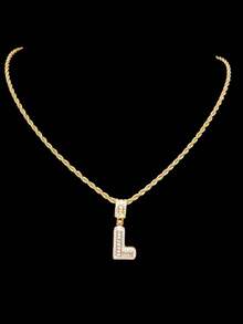 1 件立方氧化锆字母吊坠和 1 件不锈钢扭链，26 个英文字母男女通用流行时尚经典嘻哈复古吊坠项链，适合日常佩戴或派对，情人节礼物 - 金黃色 - 查看 19