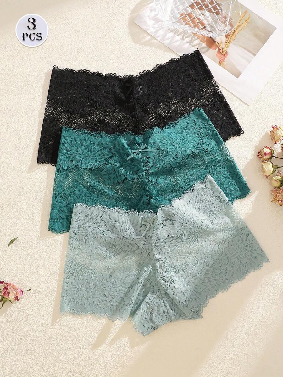 3pcs/Set Solid Color Bow Floral Lace Panties, Sexy & Romantic Women's Underwear - Multicolor - View 1
