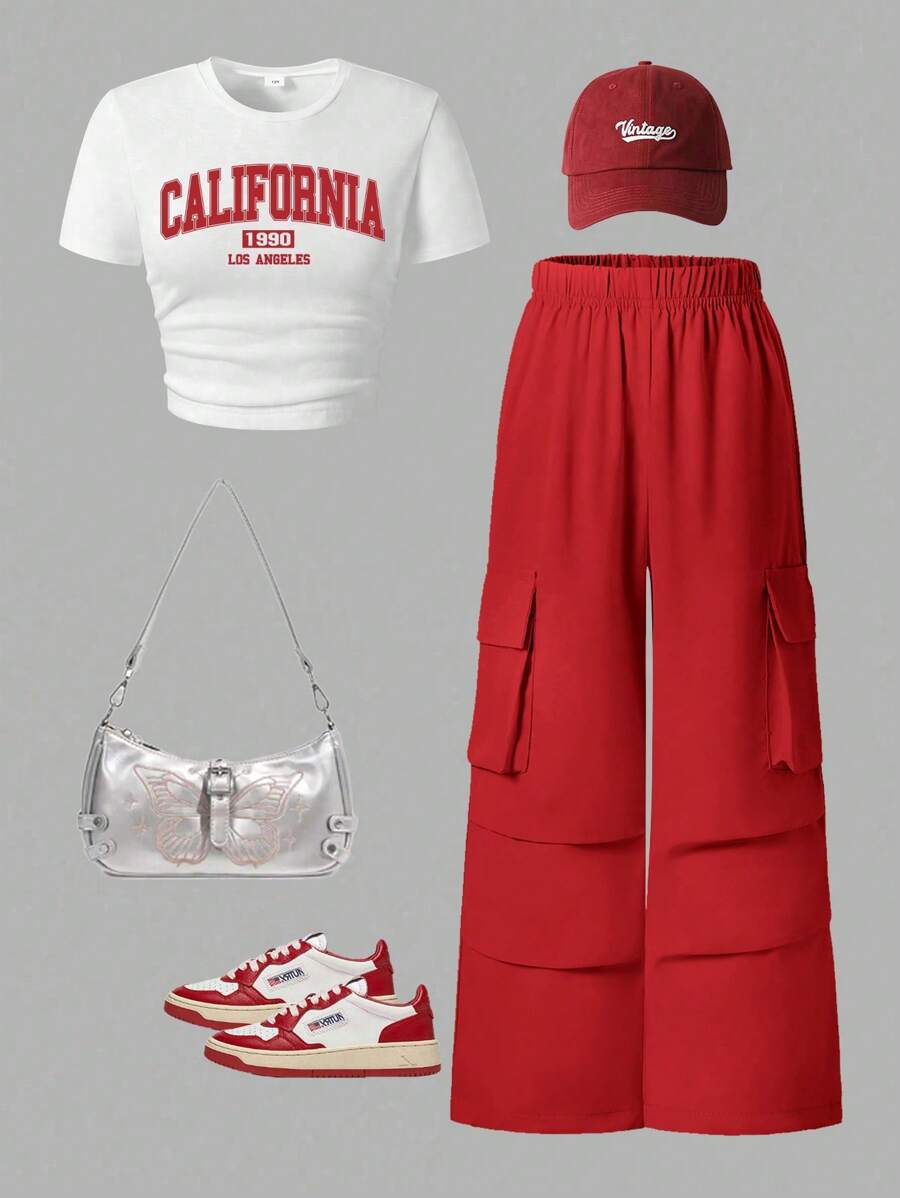 Tween Girl 字母图案印花短袖 T 恤和工装裤 - 紅色 - 查看 1