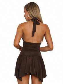 Women Halter Neck Mini Dress Flowy Irregular Ruffle Hem Backless Summer Ruched Cocktail Party Dresses - 棕色 - 查看 6