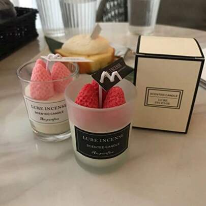 Scented Candle Strawberry Shape120G Aroma Decorative Candle Gift In Glass Jar 12 Hours Handmade Soy Wax Candle For Table Photo Prop Birthday Prefect For Meditation Stress Relief Mood Boosting Bath