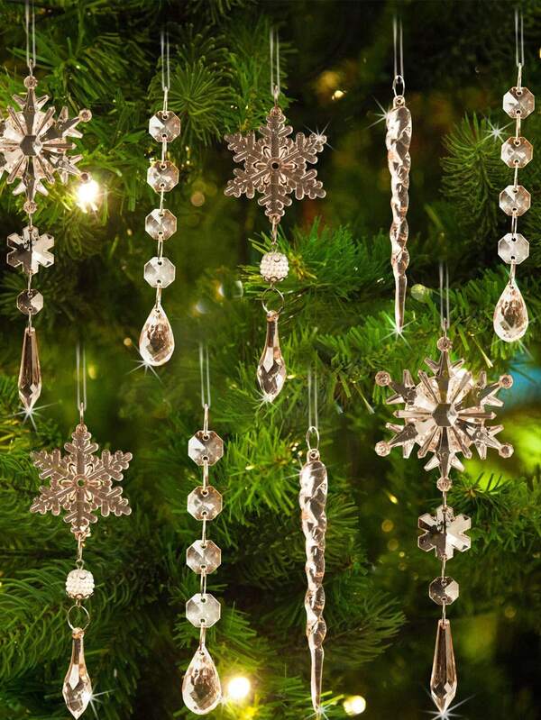 10 piezas - Adornos de Navidad de cristal dorado para decorar el árbol, adornos de cristal para decorar el árbol de Navidad, adornos colgantes de acrílico con forma de copo de nieve y carámbano con colgantes, adornos colgantes de acrílico con forma de copo de nieve y carámbano de cristal para decorar el árbol de Navidad, suministros para decoraciones de invierno y fiestas de Navidad