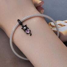 WOSTU WOSTU 1 buc 925 Sterling Silver Cat Beads Cat Black Cat Drăguț Kitty Animals Pendant Pink Heart Shape CZ Charms Pentru Brățară DIY Colier Fine Jewelry Accessories