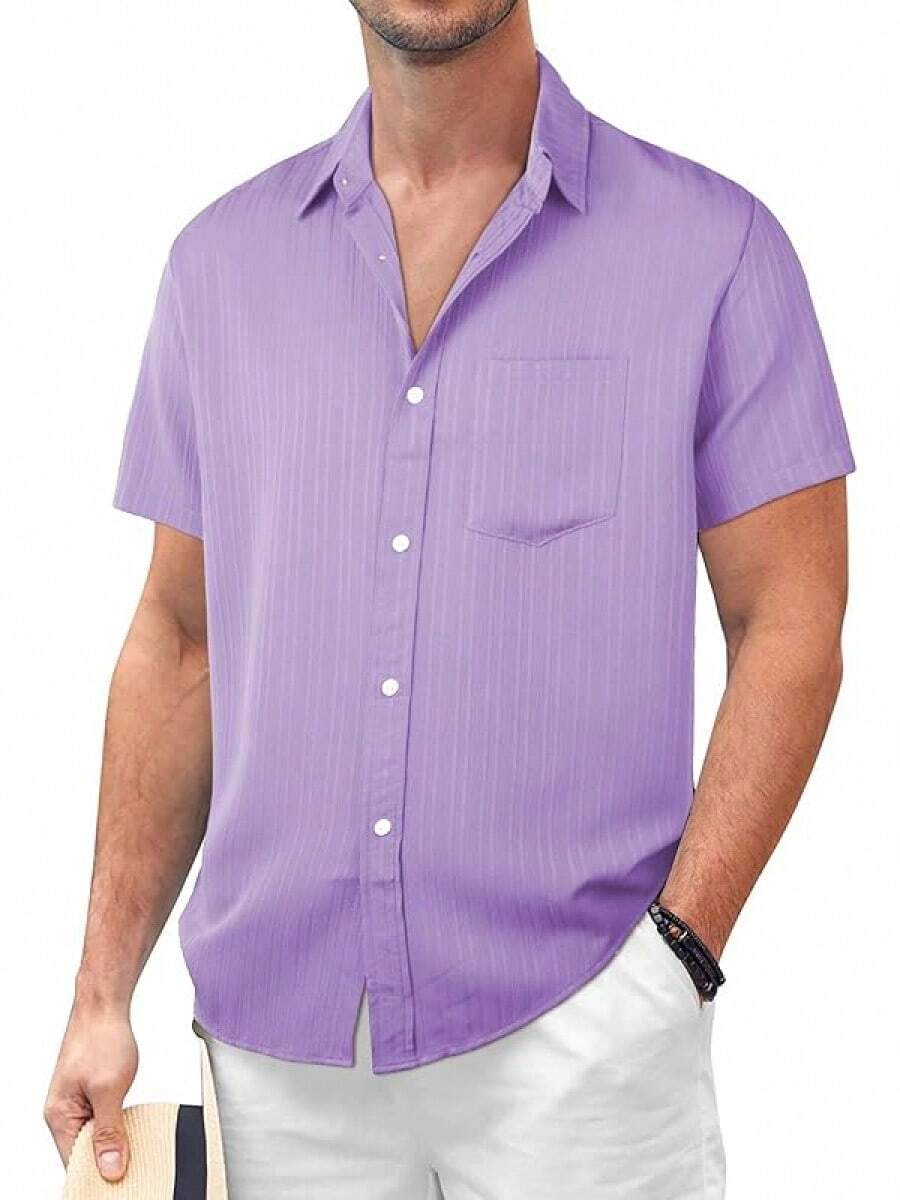 Mens Casual Button Down Shirts Short Sleeve Summer Cuban Wedding Shirt Hawaiian Vacation Beach Shirtshalloween - 紫色 - 查看 1