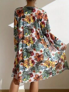 Conjunto de três peças de biquíni, sutiã com amarração gráfica com estampa floral, capa de cardigã, roupas de banho e roupas femininas - Branco - Visão 5