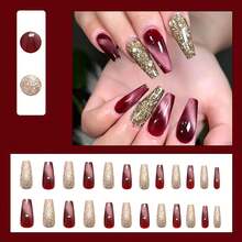 Long Coffin Press On Nails Cat Eye Fake Nails Gold Glitter False Nails With Designs Long Nail Press Ons Full Cover Glue On Nails Sparkly Artificial Nails Cute Stick On Nails For Women 24Pcs - 長款-C5C42 - 查看 5