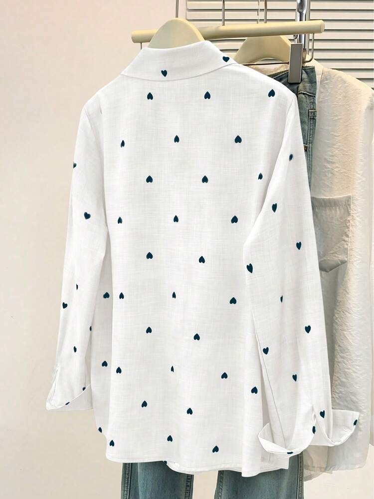 Camisa polo de manga larga con bolsillo y estampado de corazón de unicolor básico casual para mujer, adecuada para uso diario en , verano y otoño - Blanco - Añade 5