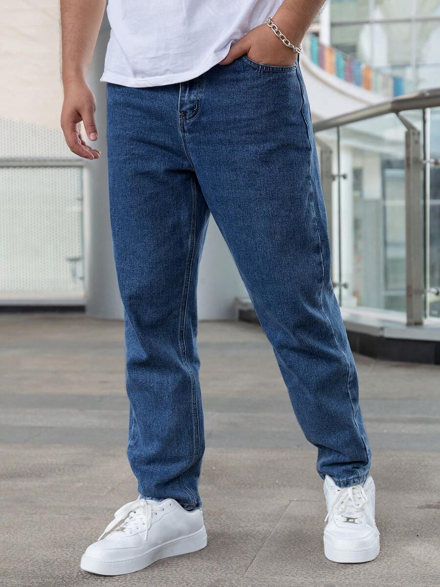 Jeans rectos casuales de unicolor para hombres - Azul lavado oscuro - Ver 1