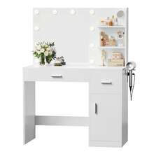 Makeup Vanity Desk With Adjustable Tri-Color LED Light & Power Outlet& Partitioned Cabinet - View 2