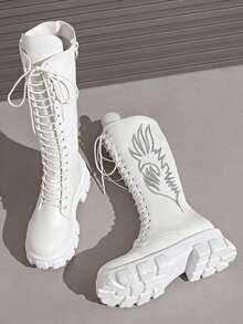 Botas bordadas para mujer 2025, botas de montar de suela gruesa y caña alta, botas altas con cordones hasta la rodilla, otoño/invierno