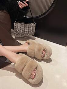 2025新款女士冬季热销厚底高跟毛绒拖鞋户外穿秋季新款仙女风短款女童休闲增高厚底拖鞋居家/办公室拖鞋尺码34-42 - 卡其色 - 查看 5