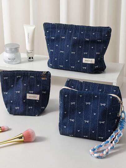 1pc Bow & Heart Print Makeup Bag, Multi-Functional Cosmetic Organizer Bag, L/M/S Multilayer Makeup Bag Set, Large Capacity Zipper Sweet Style Casual Cosmetic Bag, Makeup Tools & Toiletry Bag, Women Daily Use Pouch For Lipstick, Brushes, Skincare, Phone, Coins, Hair Clips Etc. Autumn University Essentials Travel Essentials Holiday Vacation Travel Bag For Women Makeup Organizer