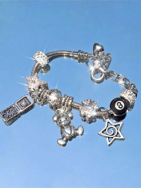 1 pieza Pulsera de bola 8, 1 pieza Pulsera con dijes de osito de peluche, estrella y cruz, 1 pieza Pulsera con dije de estampado de leopardo minimalista, Pulsera de pareja ajustable