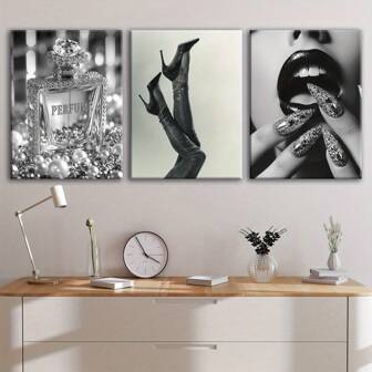 3 piezas de arte de moda en lienzo elegante en blanco y negro - Botella de perfume, zapatos de tacón alto y labios glamorosos - Resistente al agua, inodoro y a prueba de polvo - Perfecto para la decoración de la sala de estar, el dormitorio o la oficina - Regalo ideal para amigos y familiares, decoración de pared del dormitorio | Arte de pared moderno | Lienzo resistente al agua, decoración de pared