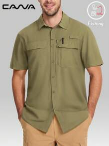 Cavva 男士户外 UPF50+ 钓鱼徒步衬衫 防水柔软轻便透气 3 个实用口袋 钓竿架 太阳镜环 笔槽 内置眼镜布 徒步露营 - 卡其色 - 查看 2