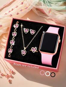 Conjunto de 6 peças feminino, elegante e moderno, com relógio eletrônico quadrado com display LED digital. Acompanha pulseiras, colares, anéis e brincos. Ideal para o dia a dia feminino, como encontros e viagens. Perfeito para presentear amigas em aniversários, volta às aulas, formaturas e Natal. Um presente ideal para mulheres.