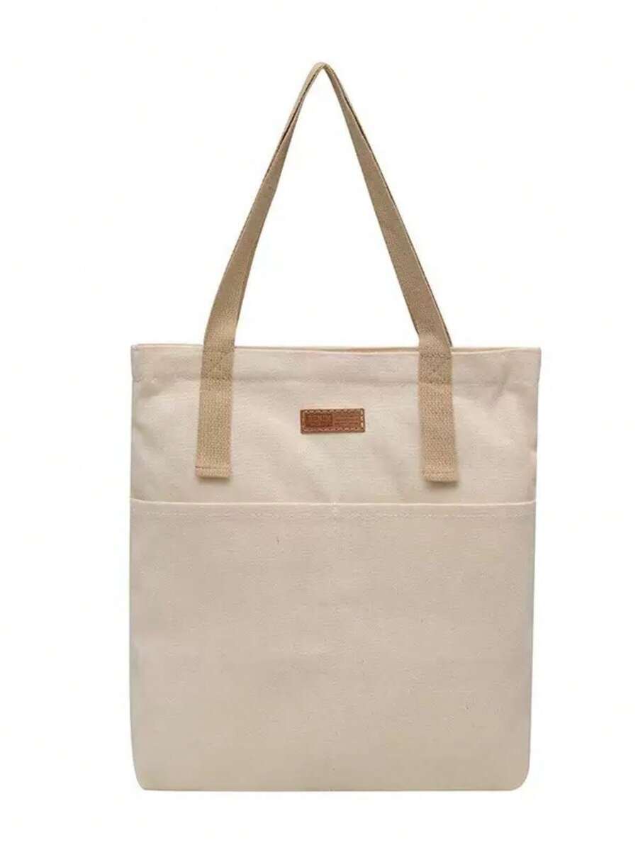 大容量休闲手提包，帆布单肩手提包，简约百搭手提包，适合通勤、休闲、上学、女士 - 米色 - 查看 1