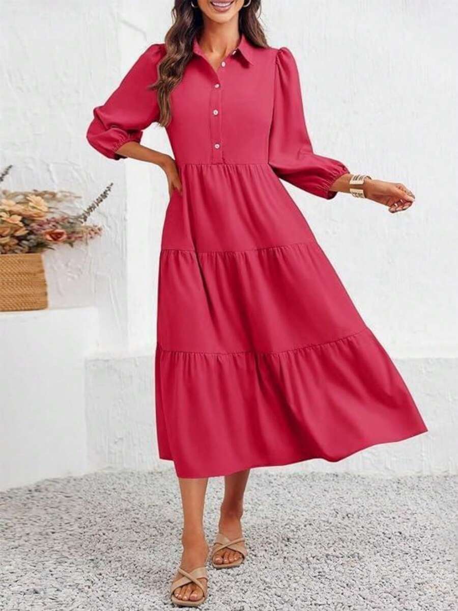 Saodimallsu Womens 3/4 Sleeve Casual Button Down V Neck Tiered Collared Flowy Maxi Shirt Dress - 紅色 - 查看 1