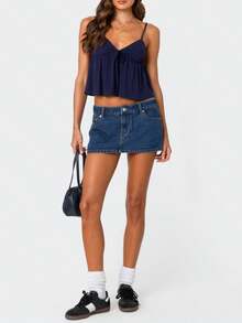 Women Y2k Summer Cami Tank Tops Solid Color Sleeveless Spaghetti Strap Tie-Up V Neck Strap Open Back Crop Ruffle Casual Tops Streetwear - Màu xanh hải quân - Xem 4