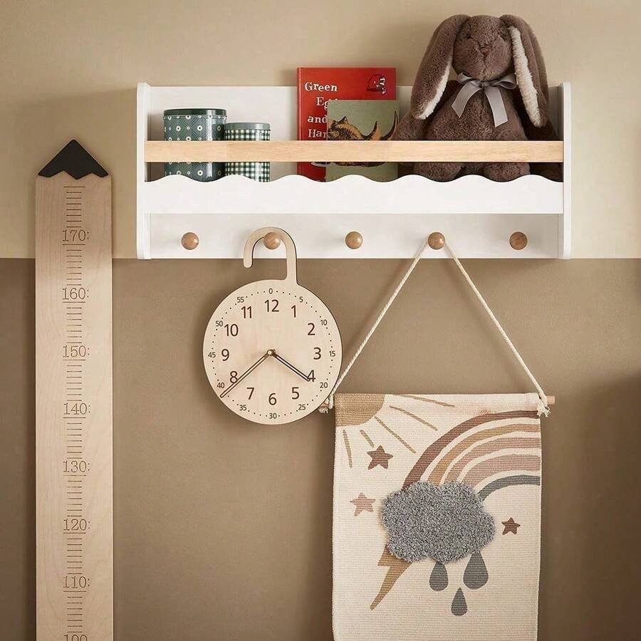 KMB78-W, Wall Mounted Storage Shelf Children Kids Wall Shelf Book Shelf Toy Shelf Kids Wall Coat Rack With 5 Hooks - White - View 1