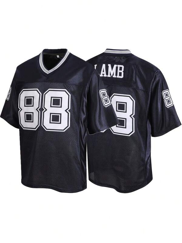 Camiseta de rugby de manga corta con cuello en V, bordada y con costuras, de estilo casual, color azul 88 para hombre