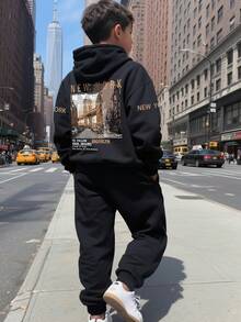 男童卡通印花保暖连帽衫和运动裤套装 - 黑色 - 查看 8