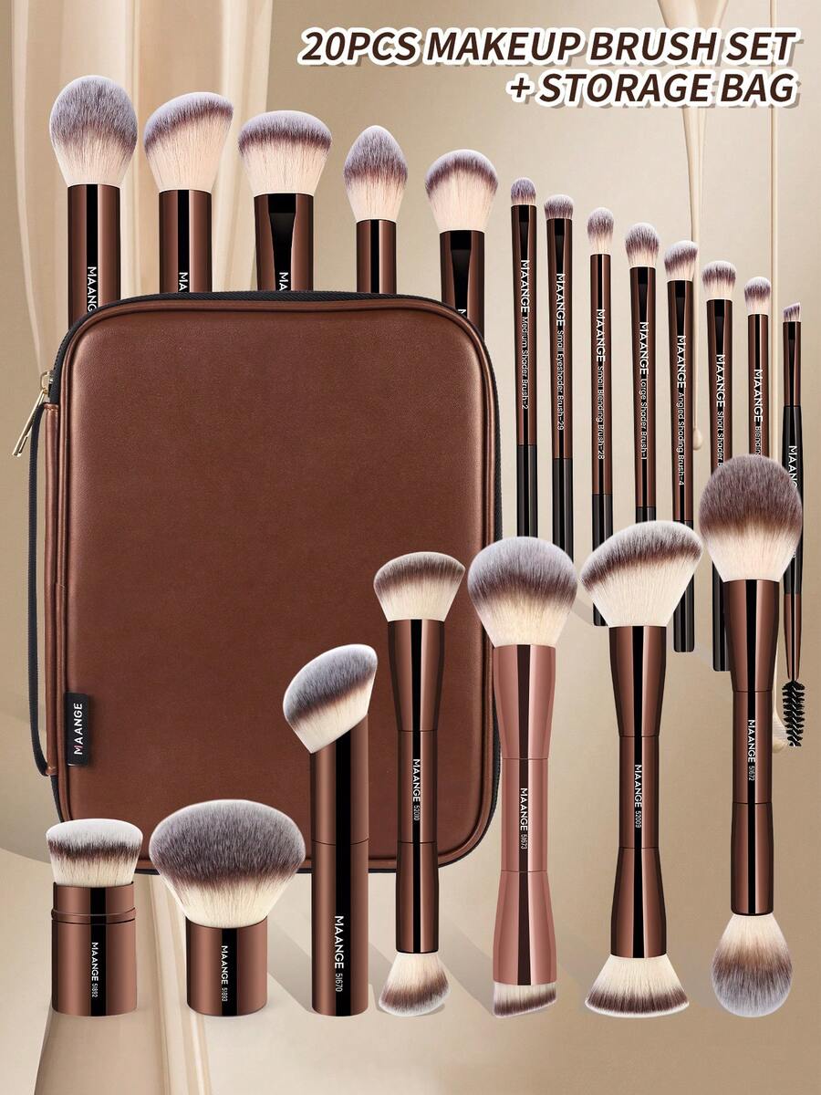 MAANGE 20pcs Professional Soft Aluminum Tube Makeup Brush Set Withtorage Bag,Soft Foundation Brush, Eyeshadow Brush, Eyebrow Brush, Blending Brush,Highlight Brush, Makeup Brush For Powder Liquid Cream,For Daily Use And Travel,Makeup Accessories Gifts For Friends ﻿ ﻿ ﻿ ﻿ - 20支化妝刷+收納包 咖色 - 查看 1