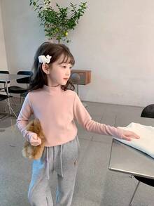 2 件套女童保暖高领长袖 T 恤，时尚秋冬分层上衣