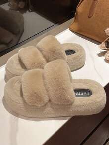 2025新款女士冬季热销厚底高跟毛绒拖鞋户外穿秋季新款仙女风短款女童休闲增高厚底拖鞋居家/办公室拖鞋尺码34-42 - 卡其色 - 查看 6