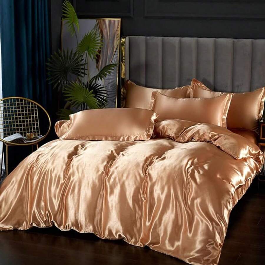 Full Satin Bedding Set In Wine Red, Silk - Like, Luxury Soft Burgundy Comforter Cover, Chic Bedroom Decor, Zippered (1 Duvet Cover + 2 Pillow Cases) - 多35 - 查看 1