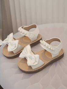 Sandal Datar Outdoor Anak Perempuan yang Modis dan Lucu dengan Hiasan Pita Besar dan Mutiara, Lembut & Nyaman - Krem - View 2