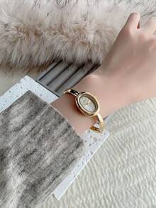 1 Stück Vintage Luxus Gold/Silber Farbe elegante Quarz Armbanduhr für Frauen, modernes minimalistisches Design für den täglichen Gebrauch, Geburtstagsgeschenk - Gold - Übersicht 2