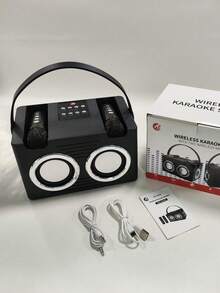 16W 双扬声器蓝牙音箱，配备 2 个无线麦克风 - 清晰的立体声和强劲的低音，2400mAh 长效电池，便携式无线音箱，是家庭聚会、户外探险（露营、徒步、海滩）、旅行、卡拉 OK 娱乐和随时随地免提通话的理想之选。 - A黑色音箱附兩支麥克風 - 查看 4