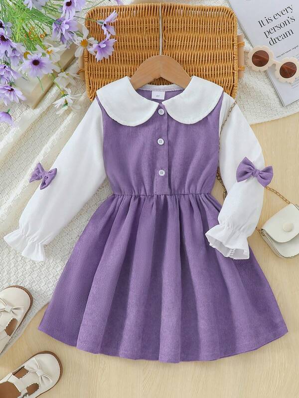 1pc Girls Casual Soft Corduroy Fabric Long Sleeve Dress With 3D Bow Decor, Suitable For Outdoor Wear, Autumn/Winter