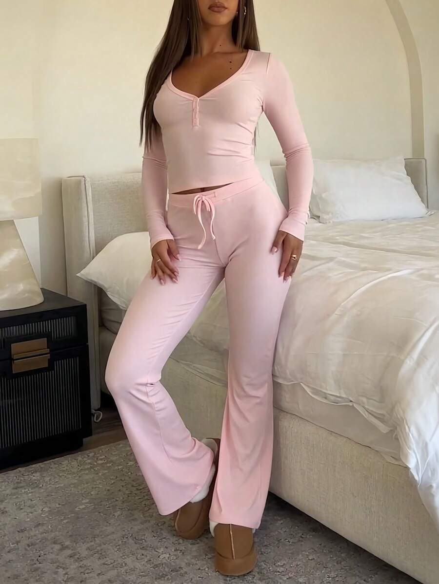 2pcs Women Solid Color Minimalist V-Neck Long Sleeve Knit Top And Pants Set Sports - Pink - View 1