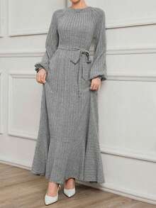 Đầm dệt kim dài tay phồng, cổ tròn, thắt eo, viền bèo nhún dành cho nữ cỡ lớn, thanh lịch cho mặc hàng ngày, mùa xuân/thu, thích hợp cho lễ Eid, các buổi họp mặt năm mới và đi làm/đi chơi thường ngày. - Xám - Xem 5