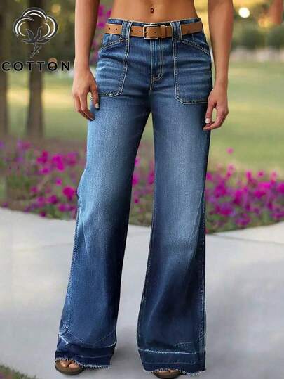 Stretchy Dark Washed High Waist Wide Leg Jeans For Women, Suitable For Dates, Commuting, Vacation Casual Spring