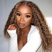200% 密度 13x4 Jerry Curly Highlight P4/27 蕾丝前假发 - 混合发假发，无需胶水，适合初学者 - 鲍勃假发 8-14 英寸渐变蜂蜜金色 - 真人混合发水波蕾丝闭合假发，自然发际线 - 深卷发，预熨烫，预剪，巴西处女卷曲高清蕾丝前假发，适合日常佩戴