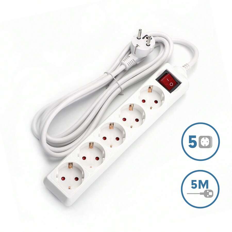 Aigostar Regleta alargador de 5 enchufes con Cable de 5 Metros e Interruptor. Color Blanco - Enchufe EU Tipo F(220-240V) - Ver 1