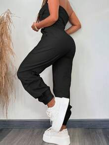 Black 2025 New Women's Commuting Elastic Waist Loose Casual Elegant Pocket Y2K Street Work Pants Suit Jumpsuit, Airport Wear, Clubs, Birthday Parties, Halloween, New Year, Thanksgiving, Going Out, Beach, Vacation, Country Concert Outfit, Teacher, Spring, Summer And Autumn