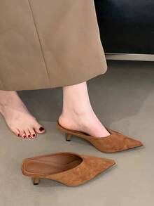 秋冬季法式穆勒凉鞋，女士款，闭趾高跟套脚拖鞋，2025夏季新款优雅露跟凉鞋，优雅派对风。 - 棕色 - 查看 4