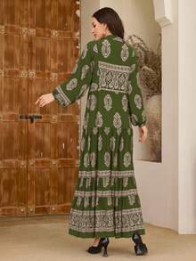 Plus Size Allover Printed Pattern Women's Long Dress Allover Print Floral Print Stripes Bohemian Embroidery Belt Ruffles - Green - View 3