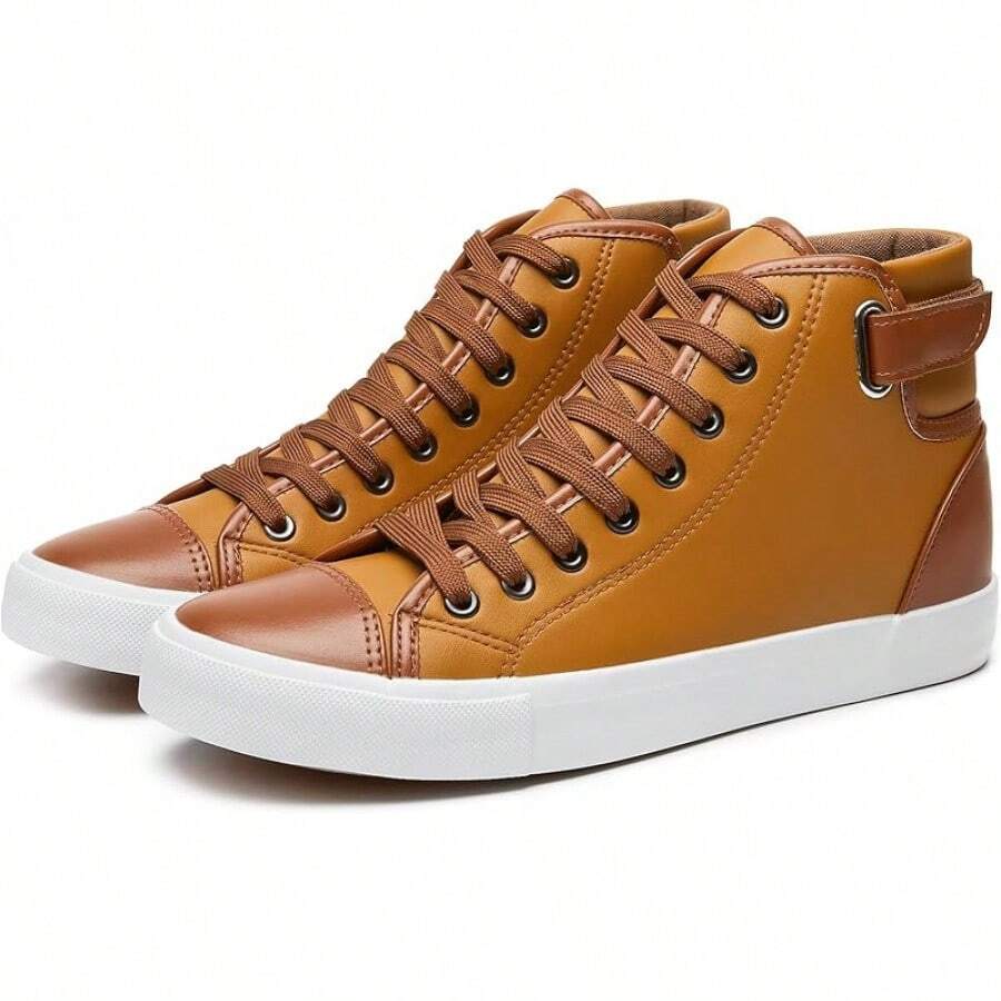 Men White High Top Sneakers For Casual Black Pu Leather Fashion Shoes For Men - màu nâu - Xem 1