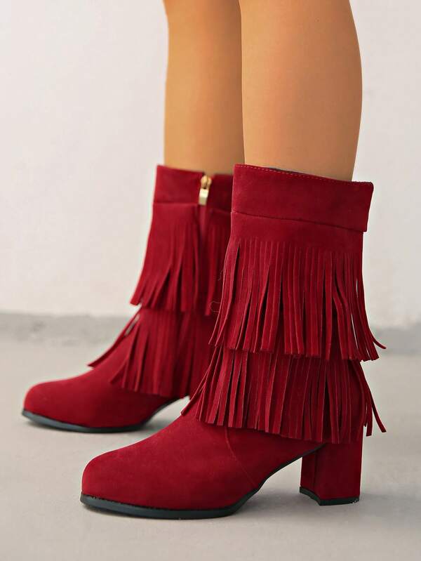 1 Pair Women's Solid Color Retro Punk Bohemian Faux Leather Fringe Zipper Side High Heel Mid-Calf Boots, Suitable For Spring, Autumn, Winter, Thick Heel Western Cowboy Boots, Fashion Versatile Single Boots, Personalized Popular Knee-High Boots