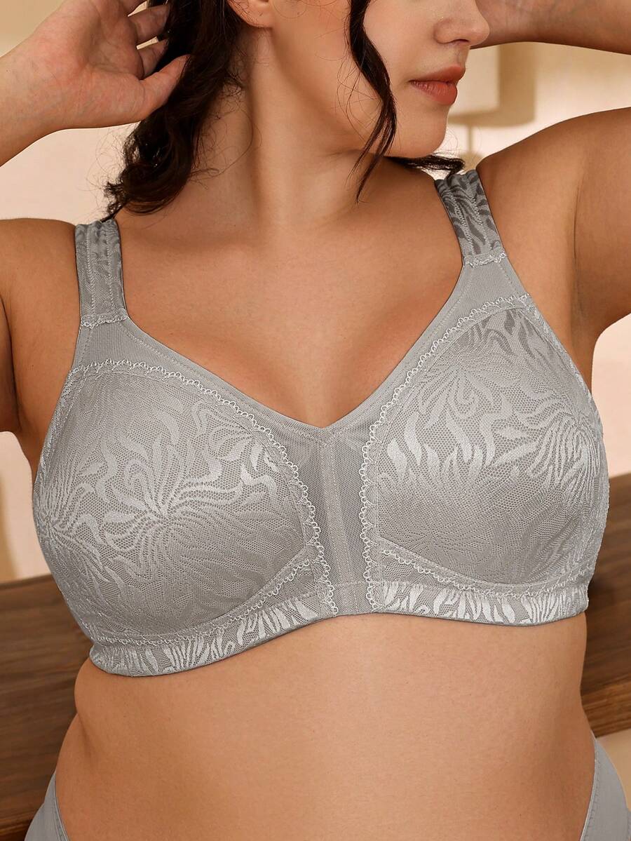 Deyllo Plus Size Women Shaping Bra, Full Coverage, Wireless, Unpadded, Wide Straps, Lace Trim, Effectively Minimizes Bust, Soft & Comfortable, Suitable For Daily Wear - Grey - View 1