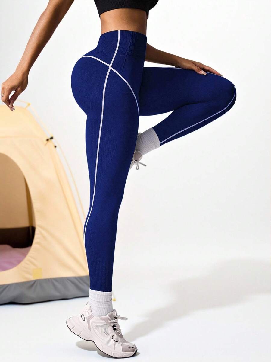 SHEIN 1 件黑白撞色条纹图案运动七分紧身裤 - 藍白色 - 查看 1