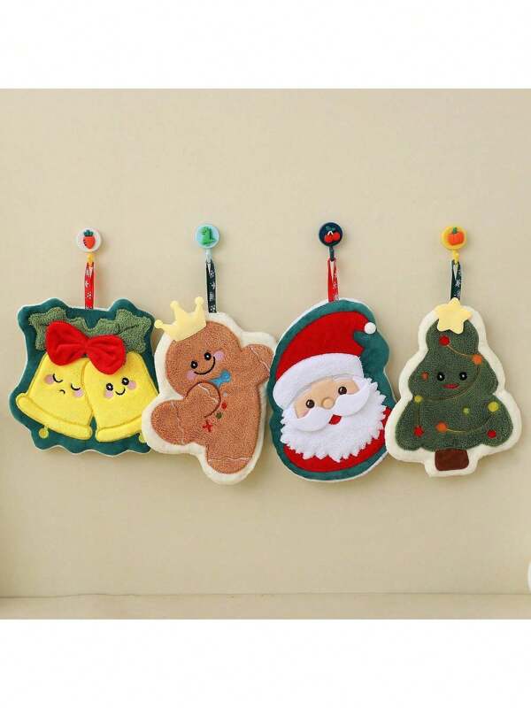 Coral Fleece Christmas Hand Towels - Thickened, Absorbent Quick-Drying, Cute Cartoon (Santa/Christmas Tree/Gingerbread Man/Bell), Hanging For Kitchen Bathroom, Lint-Free Home Towels