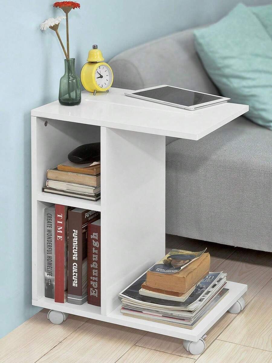 SoBuy FBT48-W, Sofa Side Table End Table Coffee Table On Wheels With 2 Storage Shelves & Tablet Holder, White - White - View 1