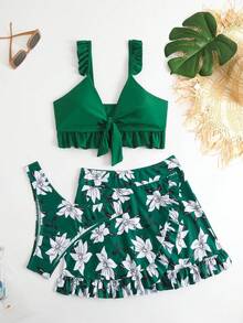 Floral Bikini Set With Ruffles And Beach Skirt, Perfect For Summer - màu xanh lá - Xem 5